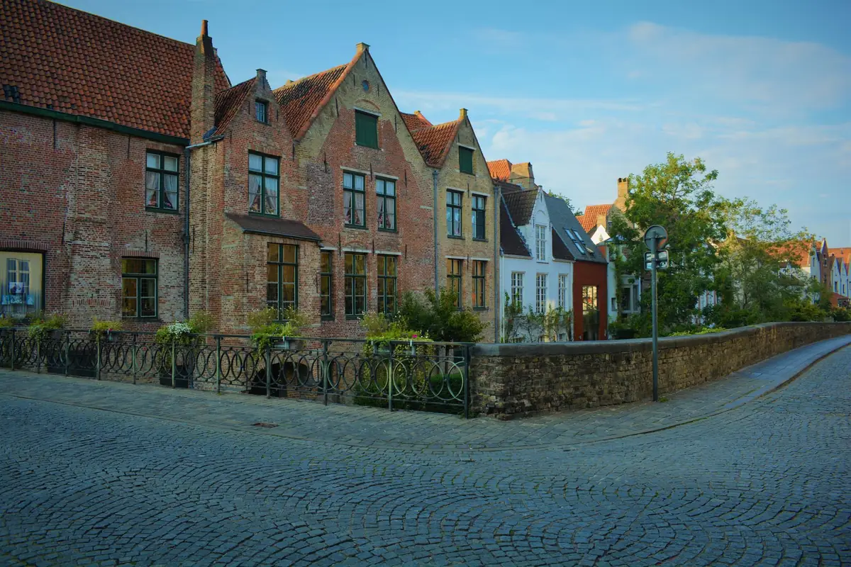 Eine gepflasterte Straße führt durch ein belgisches Wohnviertel